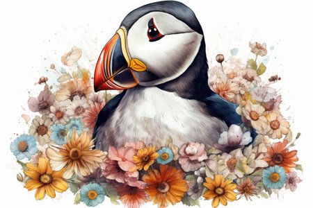 cartoon scene with puffin bird on floral background - illustration for childrenの素材