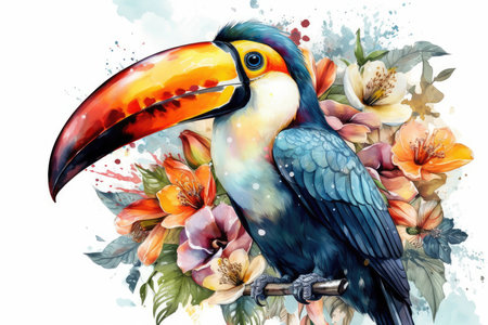 Tropical toucan bird with flowers. Watercolor illustration.の素材