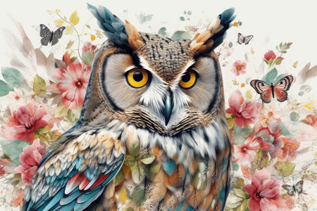 Watercolor painting of a beautiful owl on a background of flowers.の素材