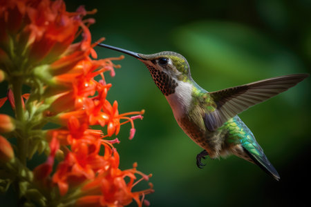 Hummingbird in flight with red flower in the background, Costa Ricaの素材