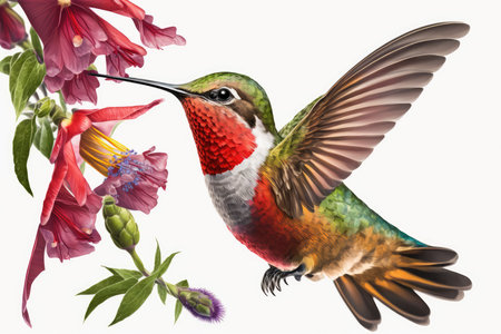 Hummingbird with flowers isolated on white background. Collage.の素材