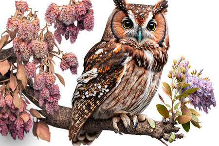 Owl on a branch with pink flowers, isolated on white backgroundの素材