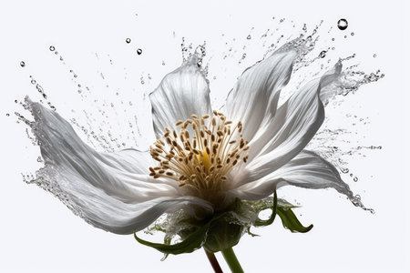 Water splash with white flower isolated on white background, close-upの素材