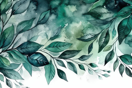 Watercolor floral background with green leaves. Hand-drawn illustration.の素材
