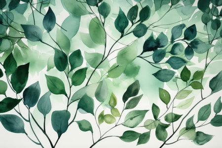 Watercolor floral background with green leaves. Hand-drawn illustration.の素材