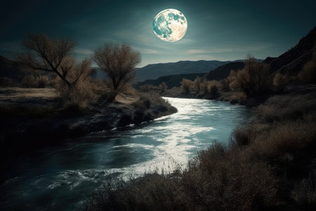 Landscape with river in the mountains at night in full moon lightの素材