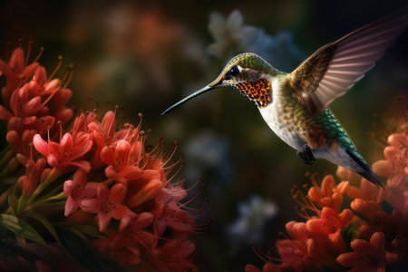 Hummingbird in flight with flowers in the background. Collage.の素材