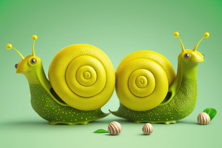 3d illustration of two snails on green background with copy spaceの素材
