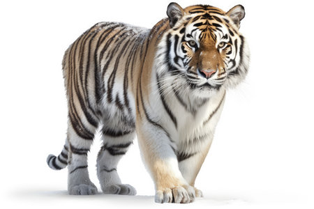 Close-up of a tiger standing in front of a white backgroundの素材