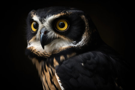 Portrait of a beautiful owl on a dark background close-upの素材