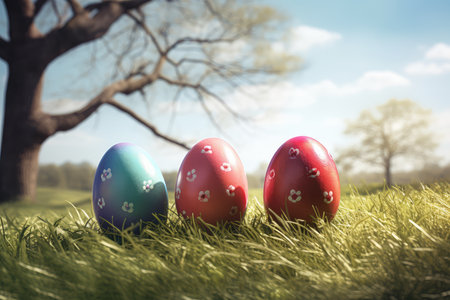 Colorful easter eggs on green grass with tree in the backgroundの素材
