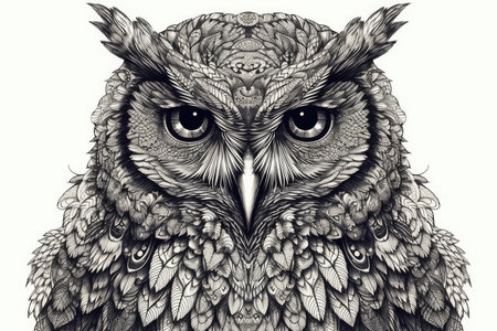 Owl with beautiful eyes. Hand-drawn illustration on white background.の素材