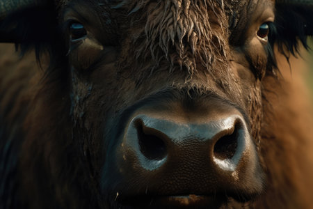 Close-up of a head of a bull in the field.の素材