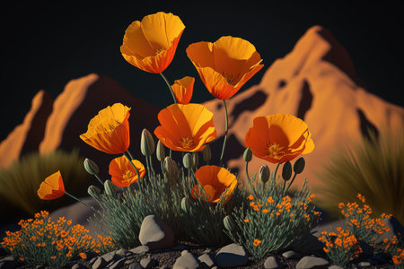 3d render of California poppy flowers in desert with mountains in backgroundの素材