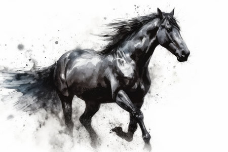 Black horse isolated on white background, watercolor painting, hand drawn illustrationの素材