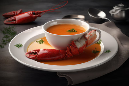 Tomato soup with crayfish in a white bowl on a black backgroundの素材