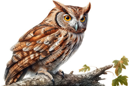 Owl on a branch isolated on white background. Watercolor illustration.の素材