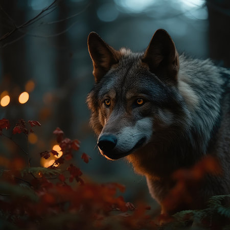 Wolf in the forest at night. Beautiful portrait of a wolf.の素材