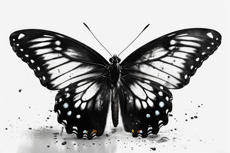 Black and white butterfly isolated on white background with copy space for textの素材