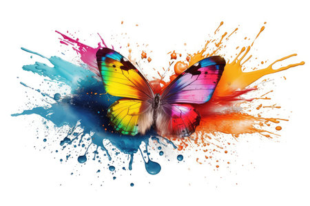 Colorful butterfly with splashes of paint on a white background.の素材