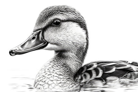 black and white portrait of a female mallard duck on the waterの素材