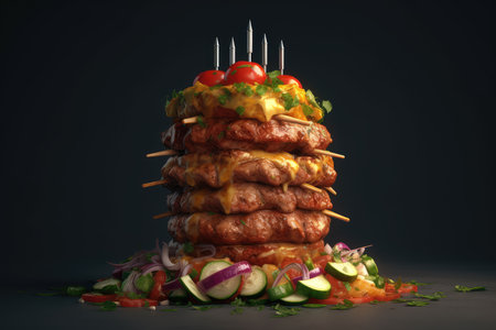 Kebab on skewers with vegetables. 3d illustration.の素材