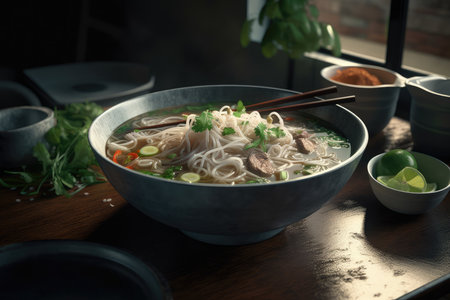 Noodle soup in bowl with chopsticks on wooden table, closeupの素材