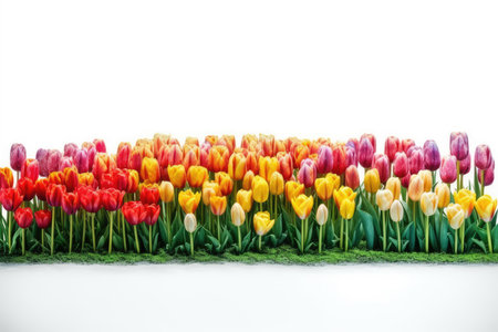 Colorful tulip flowers border isolated on white background with copy spaceの素材