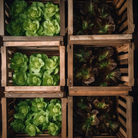 Organic hydroponic vegetables in wooden boxes. Selective focus.の素材