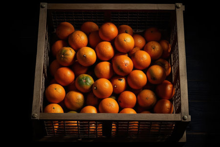 Tangerines in a wooden box on a black background. Toned.の素材