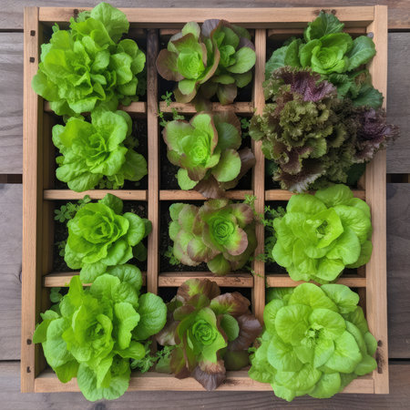 Top view of fresh organic green lettuce in wooden box on wooden backgroundの素材
