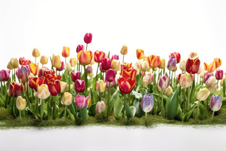 Colorful tulips on a white background with space for text.の素材