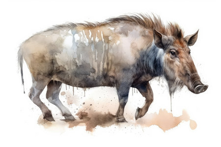 Watercolor drawing of a warthog. Illustration on white backgroundの素材