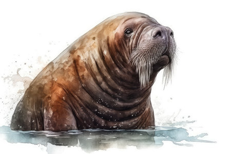 Watercolor portrait of a walrus in the water. Vector illustration.の素材