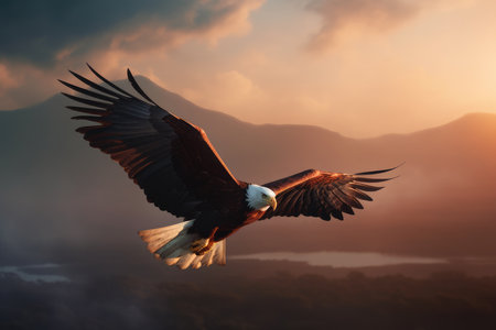 Bald Eagle in flight with sunset in the background, USA.の素材