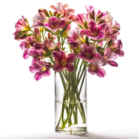 Bouquet of pink alstroemeria flowers in glass vase isolated on white backgroundの素材