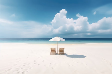 Beach chairs with umbrella on white sand beach. 3d renderingの素材