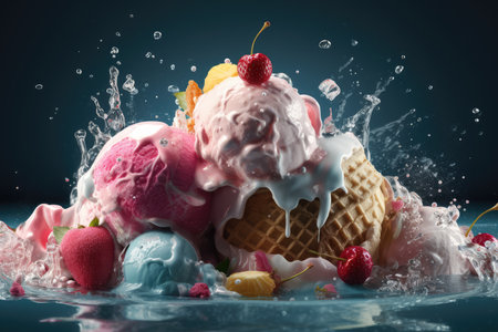 Ice cream splashing out of waffle cones with fruits and berriesの素材