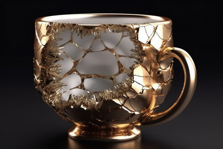 Golden cup with a pattern on a black background. 3d renderingの素材
