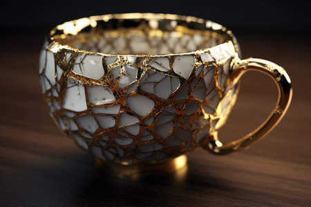 Vintage golden cup on wooden table, closeup. Space for textの素材