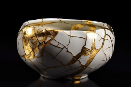 White porcelain bowl with gold pattern on a black background.の素材