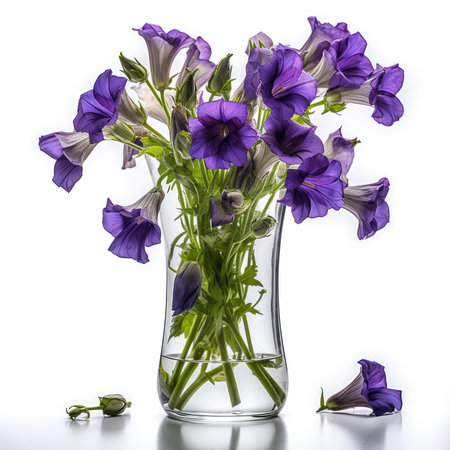bouquet of blue bellflowers in vase isolated on white backgroundの素材