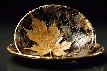 Autumn maple leaf in a gold bowl on a black background.の素材