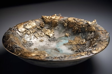 Close-up of a copper bowl on a black background with a reflectionの素材