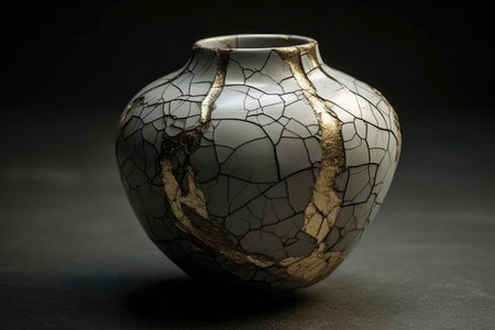 Broken ceramic vase on dark background. Copy space for text.の素材