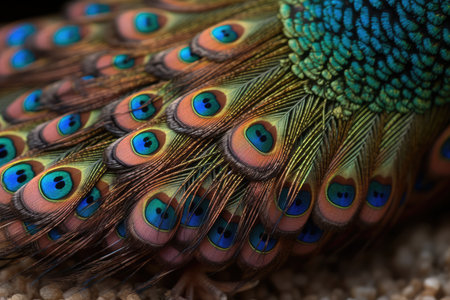 This is a close-up image of a peacock's feet and talons, showcasing its iridescent coloring. The peacock's feet are covered in scales and have sharp talons that are used for gripping and perching. The iridescent coloring of the peacock's feet is a result of the structural coloration, which is caused by the reflection, refraction, and interference of light. This structural coloration is what gives the peacock's feathers and feet their vibrant and eye-catching appearance. Overall, this image highlights the unique and beautiful features of the peacock's feet and talons.の素材