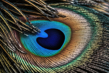 This close-up image captures the intricate patterns and vibrant colors of a peacock's eye. The feathers surrounding the eye are a stunning display of blues, greens, and golds, each one uniquely patterned. The eye itself is a mesmerizing blend of blues and greens, with a black pupil at the center. The detail and beauty of this image showcase the natural wonder of the peacock's feathers, which have long been admired for their ornamental value.の素材