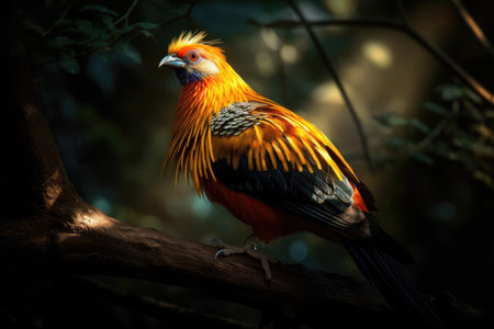 Golden pheasant bird on the tree in the forest at nightの素材