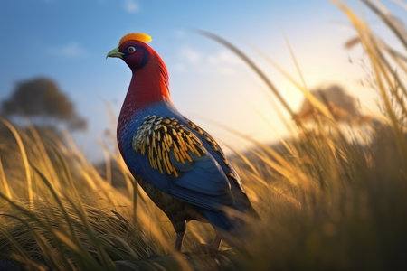 Pheasant in the grassland at sunset. Nature background.の素材