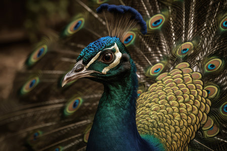 Portrait of beautiful peacock with feathers out. Wildlife scene.の素材